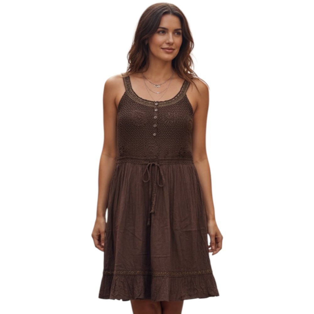 VTG Victoria Holley Crochet Fairycore Cottagecore‎ Brown Dress 100% Cotton Sz 12